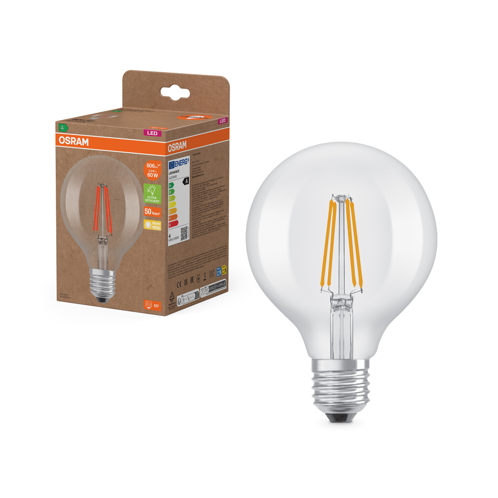 Ampoule LED Osram E27 Globe G95 filament claire blanc chaud équivalent 60W