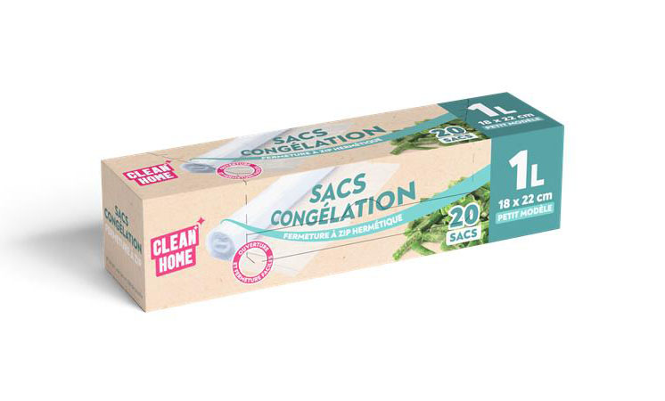 Boite avec rouleau de 20 sacs de congélation Clean Home 18x22cm de 1L