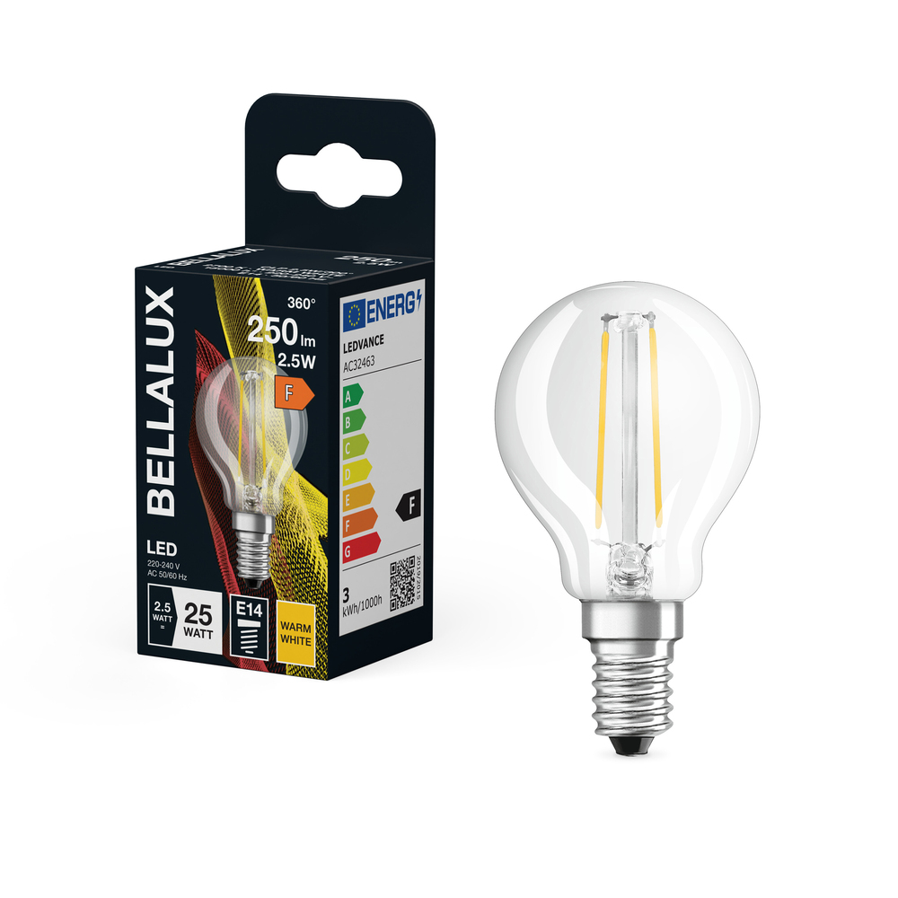 Ampoule LED Bellalux sphérique E14 filament claire 2.5W équivalent 25W blanc chaud 250lm
