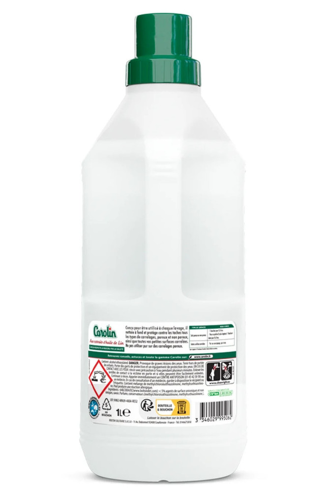 Etiquette au dos de la bouteille de Carolin à l'huile de lin pour sols carrelés