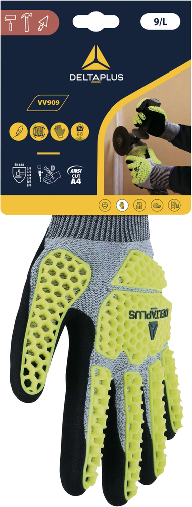 Gant de protection Delta Plus VV909 anti-coupure haute visibilité avec renforts alvéolés jaunes et paume noire.