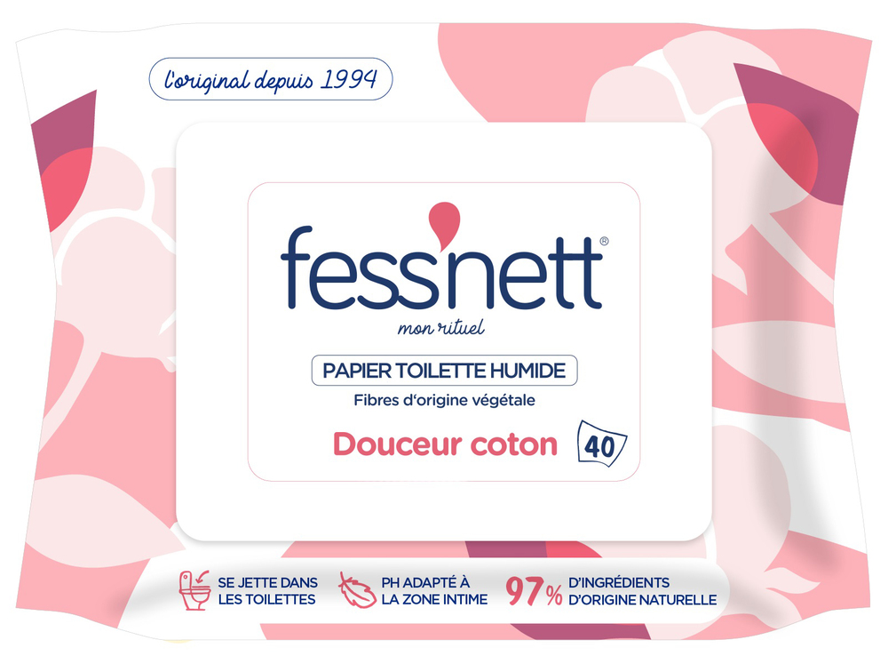 Paquet de 40 lingettes de papier toilette humide Fess'nett Douceur coton aux fibres d'origine végétale.