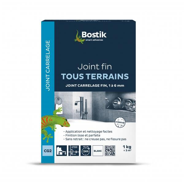 Sac de mortier de jointoiement Bostik Joint fin Tous Terrains blanc de 1 kg pour carrelage.