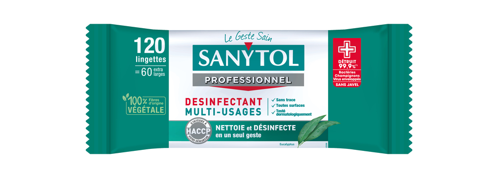 Lingettes Nettoyantes Désinfectantes Eucalyptus x120, idéales pour nettoyer et assainir toutes les surfaces de la maison.