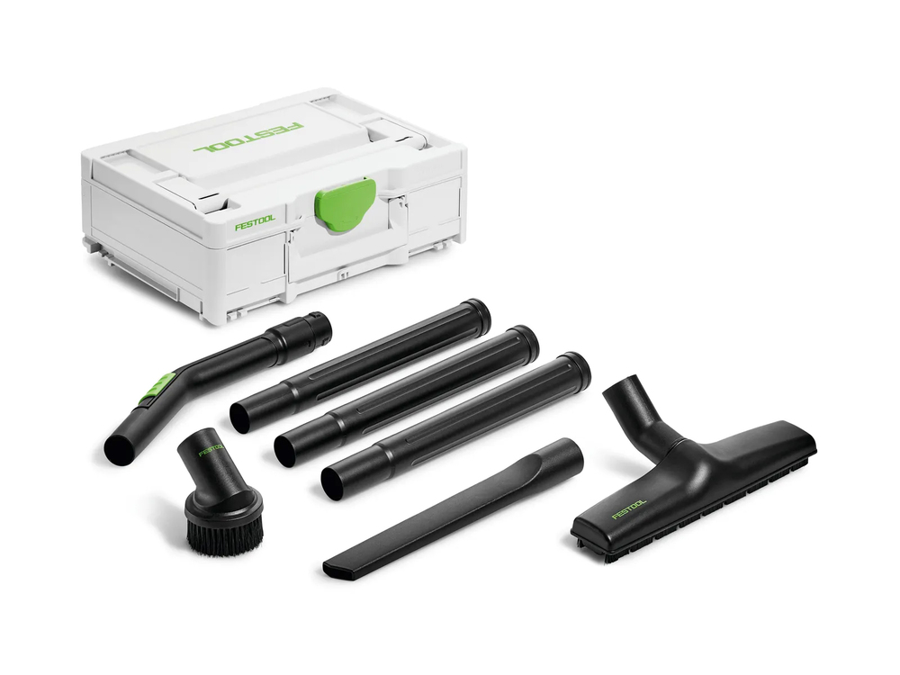 Kit de nettoyage Festool avec buses, tubes d'aspiration et brosse, rangés dans un coffret Systainer blanc et vert.