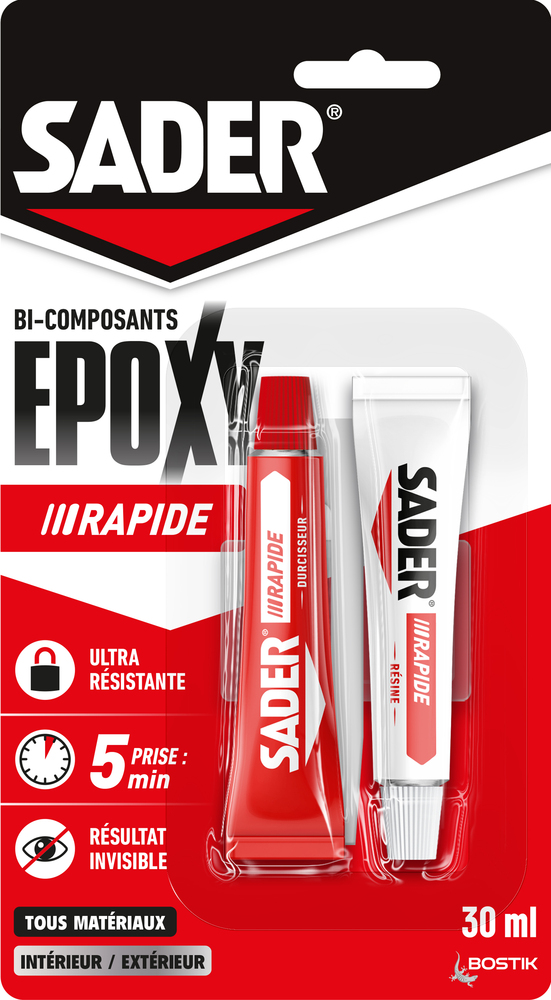 Blister de colle époxy bi-composante Sader Rapide 30 ml tube de résine blanc et un tube de durcisseur rouge.