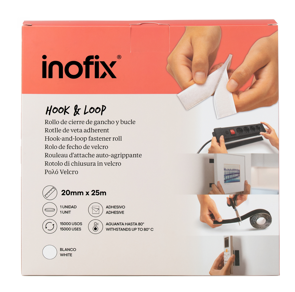 Rouleau de bande auto-agrippante scratch blanc dans son emballage.