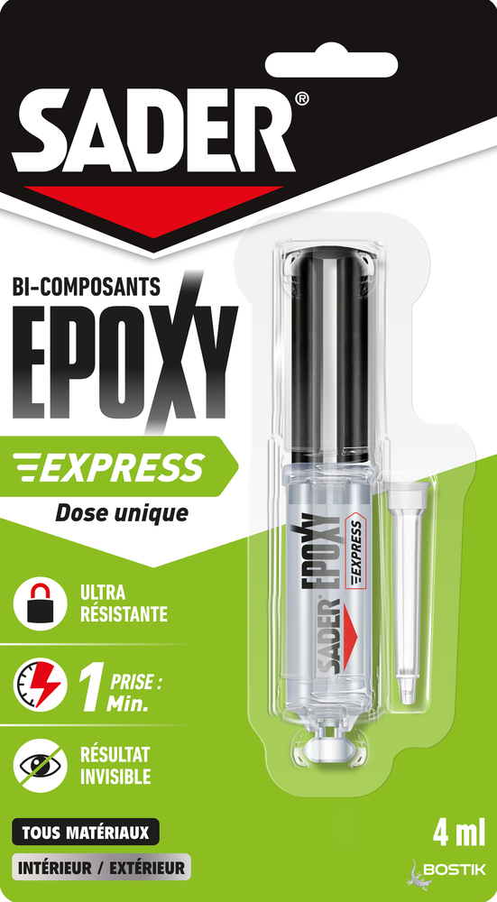 Seringue de colle époxy bi-composante Sader Express 4 ml à dose unique.