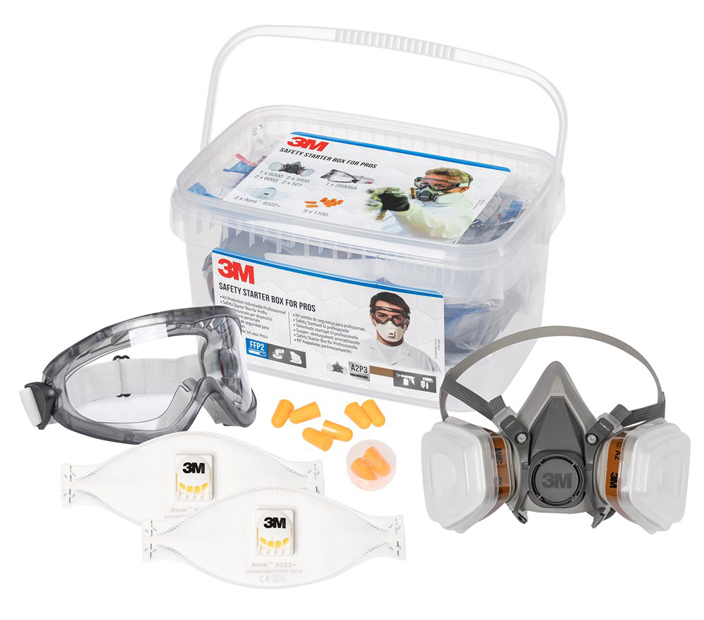 Kit de protection individuelle 3M Safety Starter Box comprenant un masque à cartouches, des masques FFP2, des lunettes de protection et des bouchons d'oreilles.