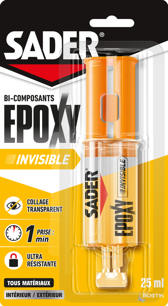 Colle époxy bi-composants Sader Invisible, seringue de 25 ml, prise rapide en 1 minute, pour tous matériaux en intérieur et extérieur.