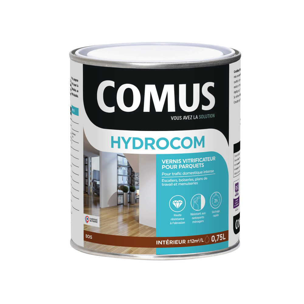 Pot de vernis vitrificateur pour parquets "Hydrocom" de la marque Comus, format 0,75L.