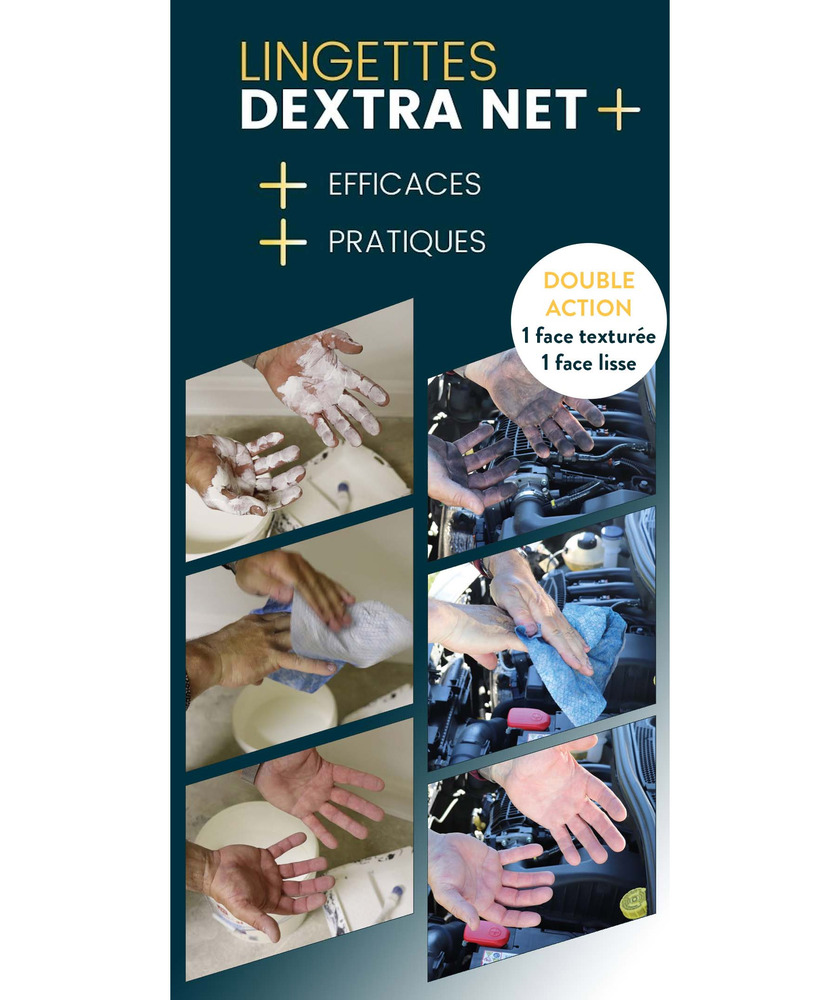 Visuel montrant l'efficacité des lingettes DEXTRA NET + lors du nettoyage des mains