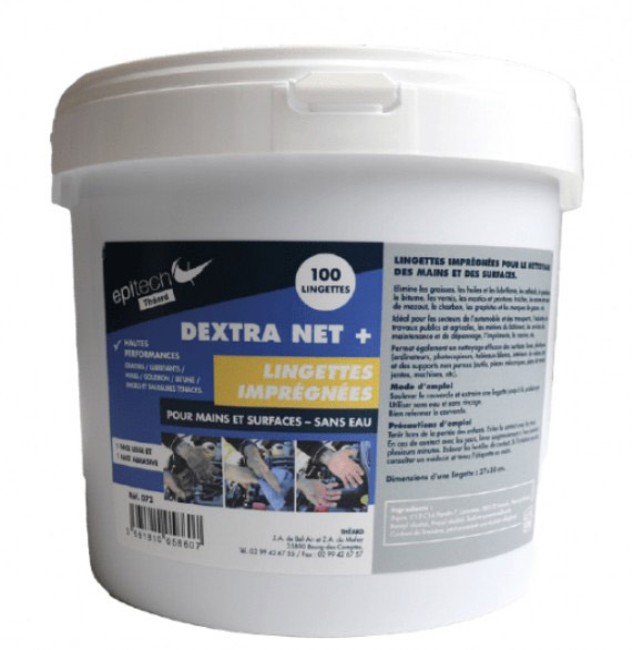 Seau de 100 lingettes grandes dimensions DEXTRA NET + pour nettoyer les fortes salissures sur les mains