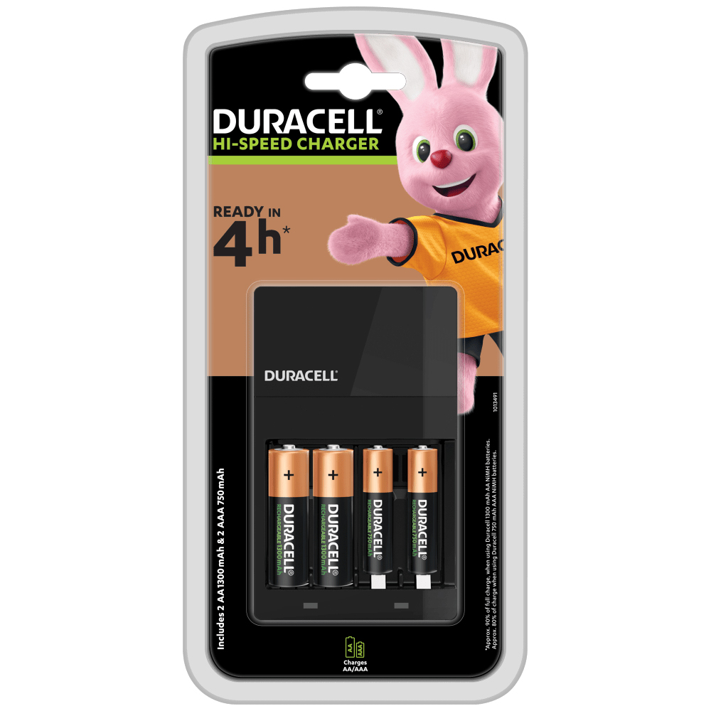 Chargeur de piles Duracell Hi-Speed avec deux piles rechargeables AA et deux piles rechargeables AAA