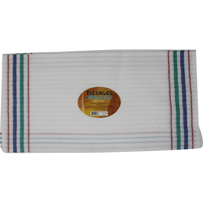 Torchon de cuisine blanc 100% coton Tissages de Beaulieu, avec rayures verticales bleues, vertes et rouges