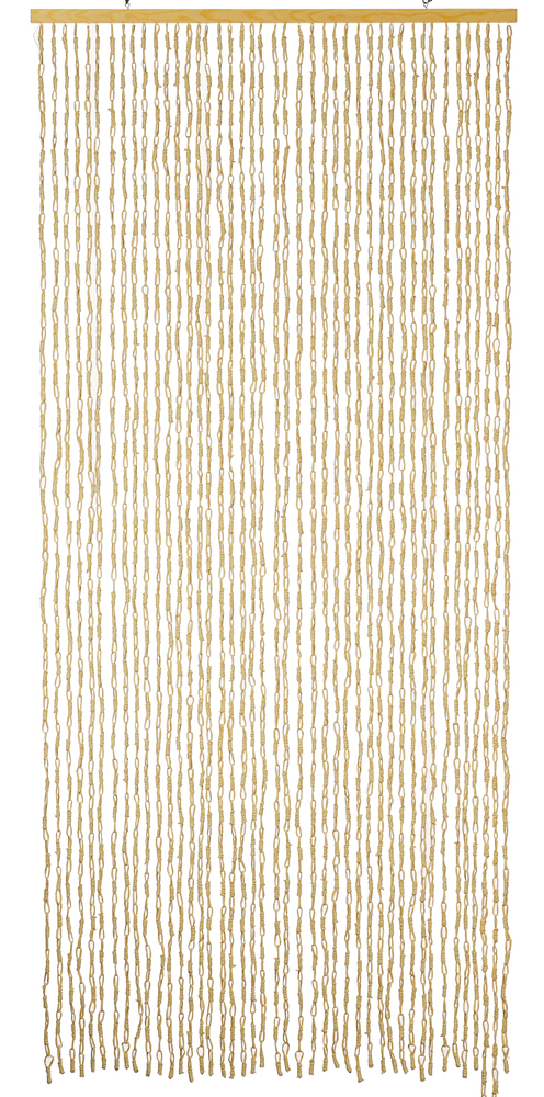 Rideau de porte décoratif en maïs tressé de couleur beige, composé de nombreuses cordes de petits anneaux reliés entre eux.
