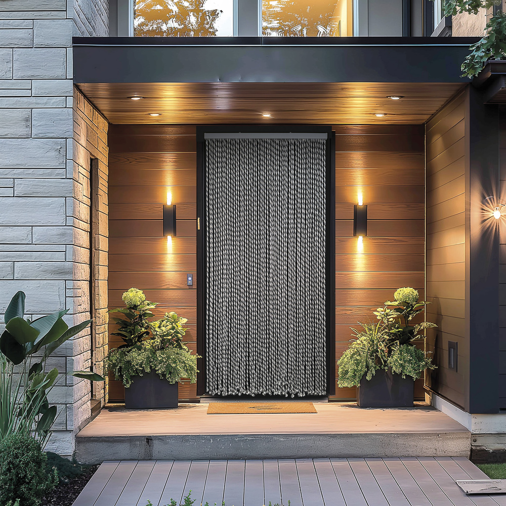 Rideau de porte décoratif en cordes tressées bicolores grises et blanches installé dans une entrée de maison moderne, entouré d'appliques murales lumineuses, de plantes en pots et d'un paillasson au sol.