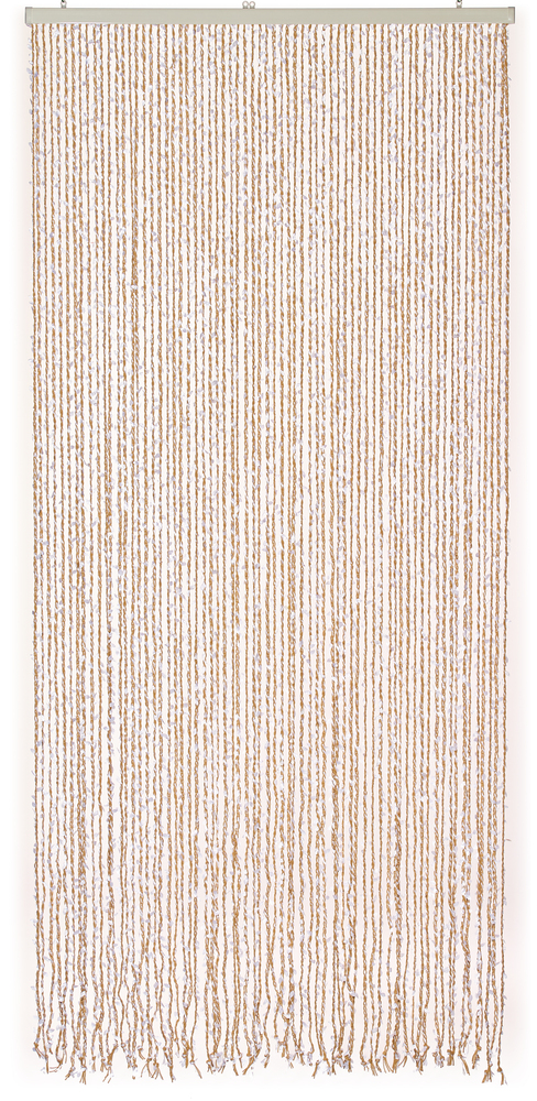 Rideau de porte décoratif composé de fines cordes torsadées de couleur naturelle parsemées de petits éléments blancs, suspendu à une barre de support horizontale claire et présenté intégralement sur un fond blanc épuré.