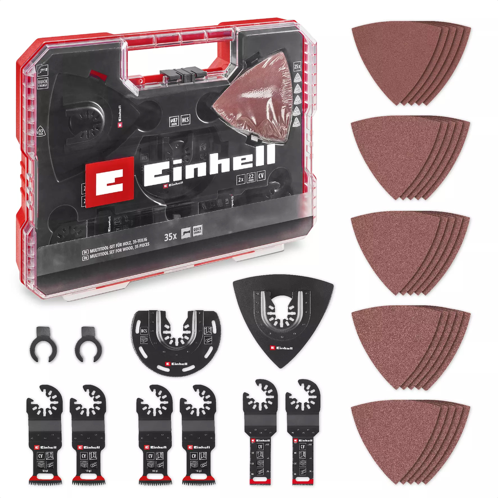Coffret d'accessoires Einhell de 35 pièces pour outil multifonction comprenant des lames de scie et des feuilles abrasives delta.