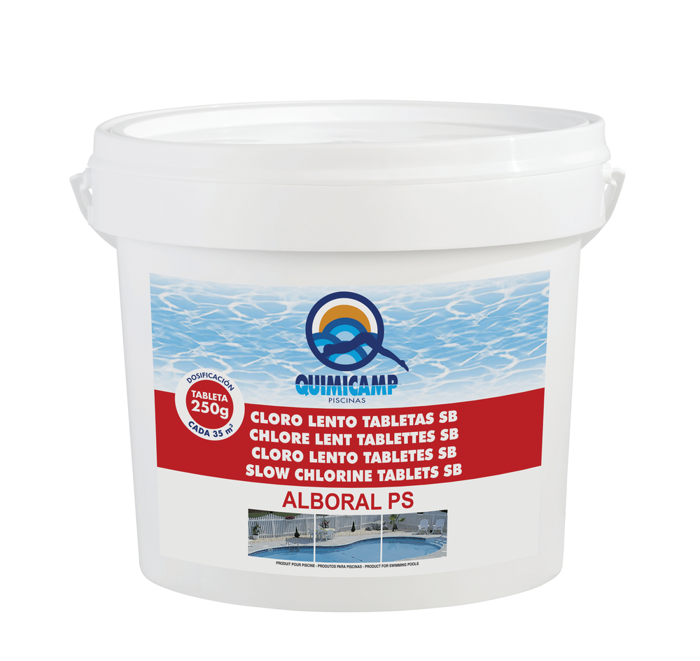 seau de galets ou pastilles de 250g de chlore lent pour la piscine Quimicamp