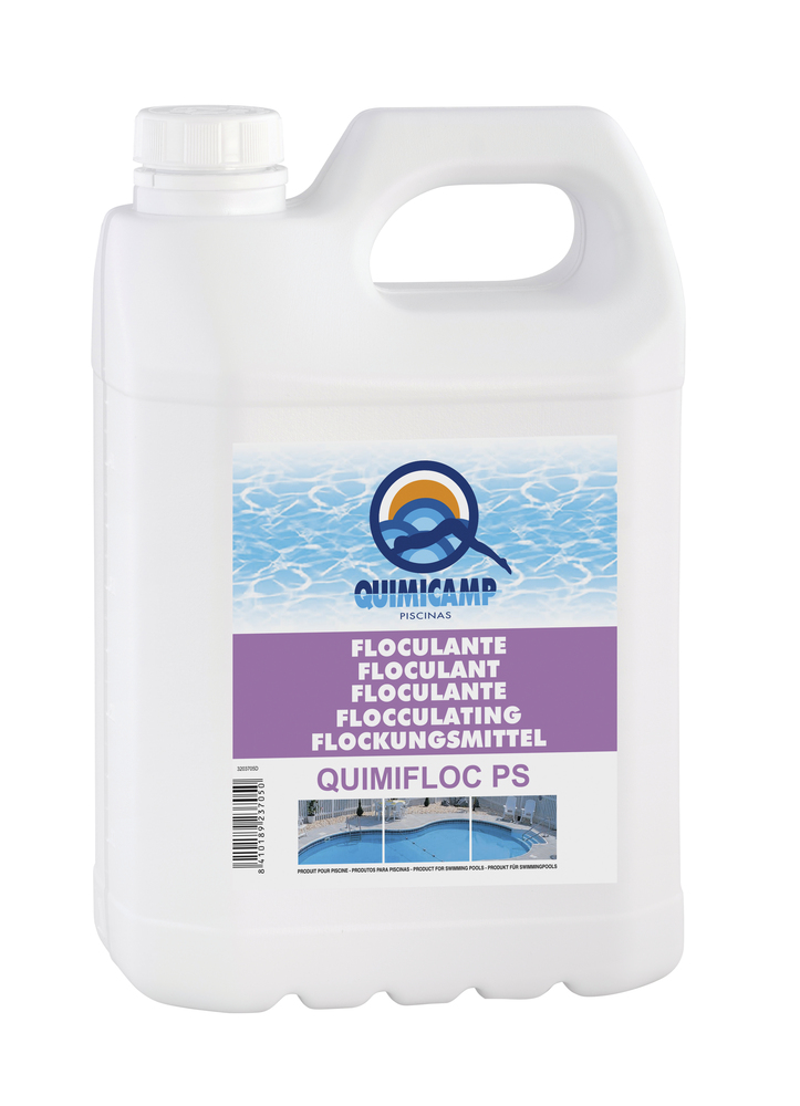 Bidon de 5L de liquide floculant pour piscine afin de clarifier l'eau.