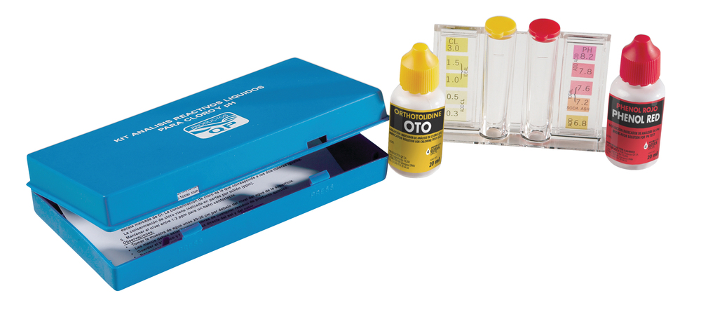 Coffret d'Analyse avec flacon jaune pour Chlore Résiduel (OTO) et flacon rouge pour le pH
