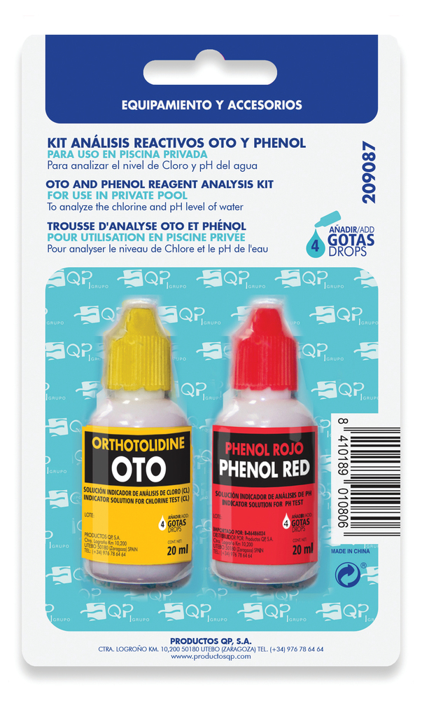1 flacon jaune d’orthotolidine (OTO) et 1 flacon rouge de Phénol Red pour contrôler le pH et le taux de chlore résiduel