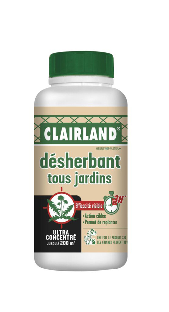 Bidon de désherbant tous jardins Clairland ultra concentré pour 200 m² avec efficacité visible en 3 heures.