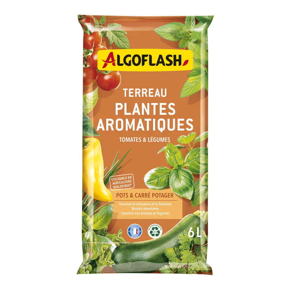 Sac de 6 litres de terreau Algoflash pour plantes aromatiques, tomates et légumes, utilisable en agriculture biologique.