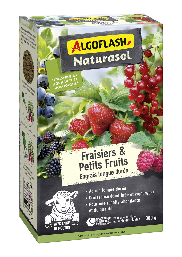 Boîte de 800 g d'engrais longue durée Algoflash Naturasol pour fraisiers et petits fruits, avec laine de mouton et utilisable en agriculture biologique.