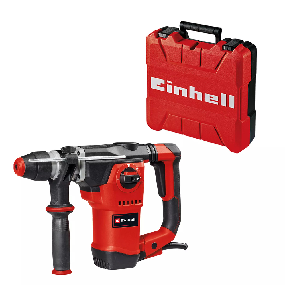 Marteau perforateur filaire Einhell rouge et noir accompagné de sa mallette de transport rigide assortie.