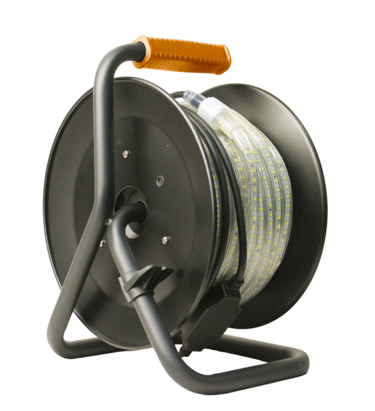 Ruban LED flexible Théard sur enrouleur noir avec poignée ergonomique pour éclairage de chantier.