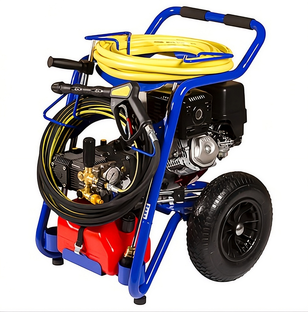 Nettoyeur haute pression thermique sur chariot bleu avec moteur noir, réservoir rouge, pistolet et tuyaux jaune et noir.