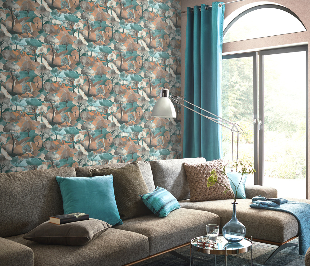 Papier peint Montecolino motif de forêt stylisée dans des tons bleu canard et terracotta