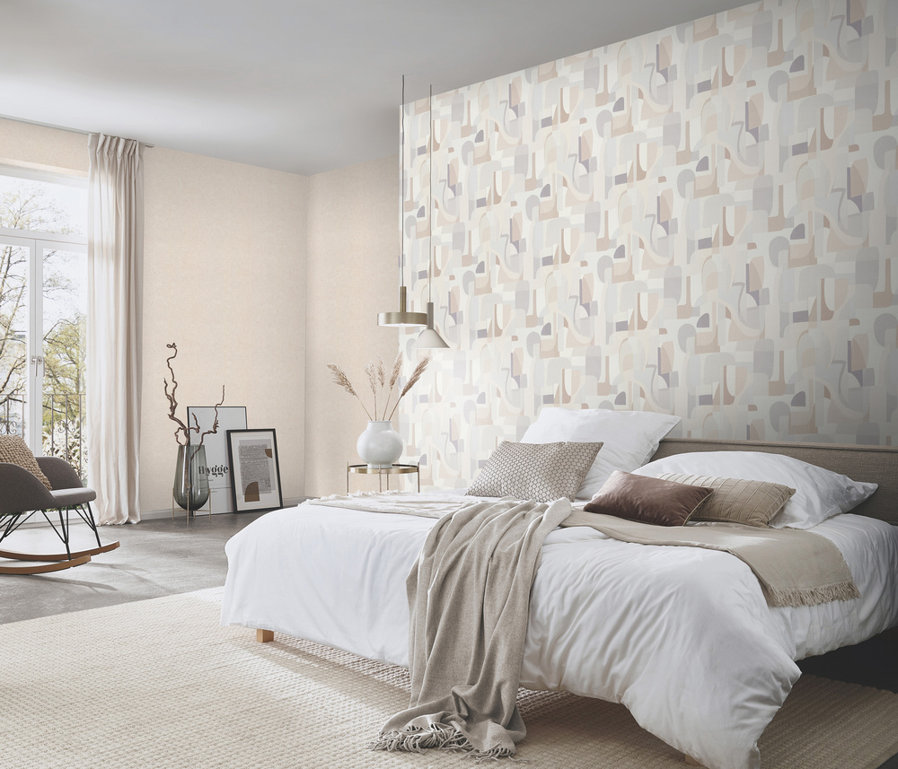 Papier peint Montecolino motif abstrait formes géométriques douces tons beiges, gris et mauves