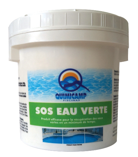 Boite de 500 g de SOS Eau Verte de Quimicamp pour le traitement des eaux de piscine.