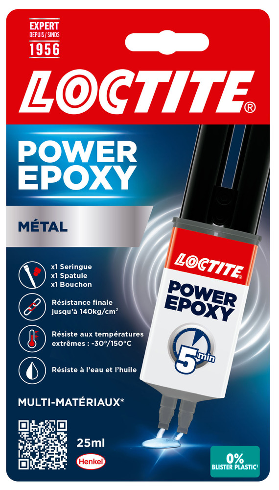 Colle époxy bi-composant Loctite Power Epoxy Métal en seringue 25 ml pour assemblage résistant