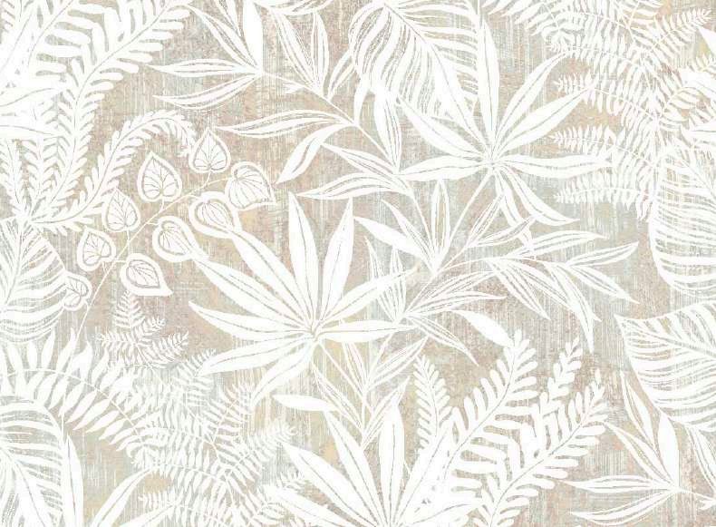 Nappe tissu enduit toile tissée beige avec motif feuillage blanc en rouleau de 140 cm x 20 m, imperméable et facile d'entretien