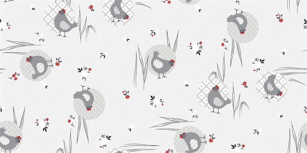 Toile cirée au métrage Déco fond blanc motifs poules et petites fleurs 140 cm x 20 m, imperméable et facile d'entretien.