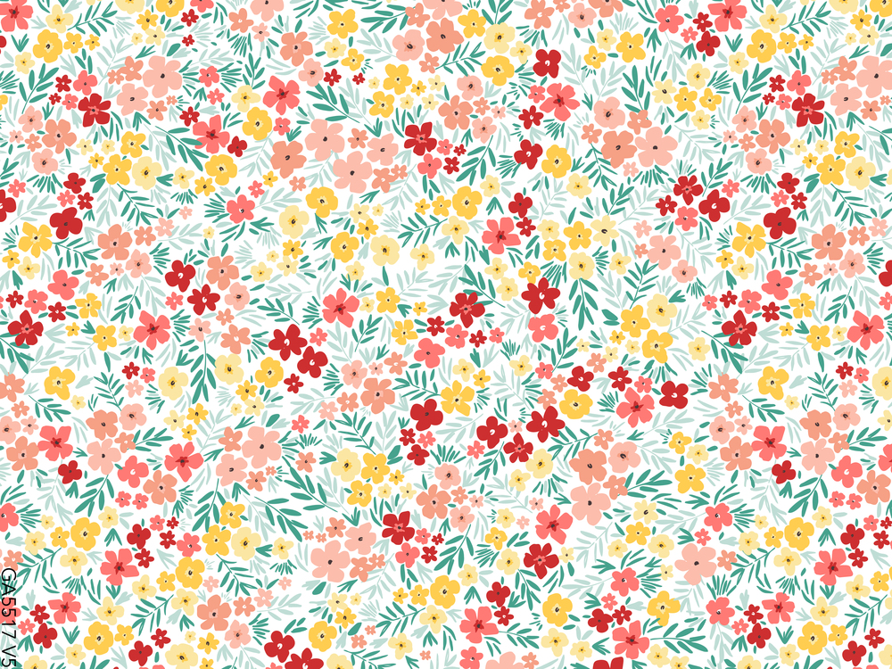 Toile cirée Déco imprimée avec un motif floral dense et coloré composé de petites fleurs rouges, roses, jaunes et corail mêlées à un feuillage vert délicat sur fond clair, dans un esprit champêtre et romantique, dimensions 140 cm x 20 m, imperméable et facile d’entretien.