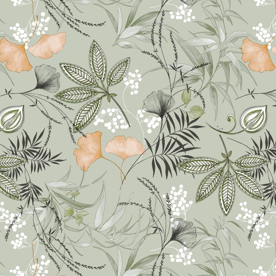 Toile cirée Déco imprimée avec un motif botanique raffiné mêlant feuillages graphiques, fleurs délicates et feuilles de ginkgo aux tons vert sauge, noir et pêche sur fond vert tendre, dans un style naturel et élégant, dimensions 140 cm x 20 m, résistante aux taches et simple à nettoyer.