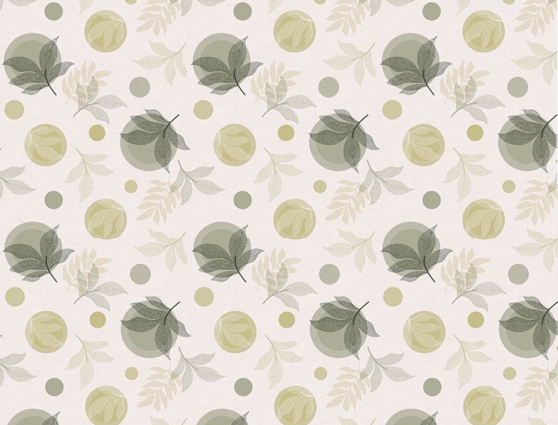 Toile cirée Déco imprimée avec un motif délicat de feuillages et pois graphiques dans des nuances vert olive, beige et lin sur fond clair, pour une ambiance douce et naturelle, dimensions 140 cm x 20 m, idéale pour protéger la table tout en restant simple à entretenir.
