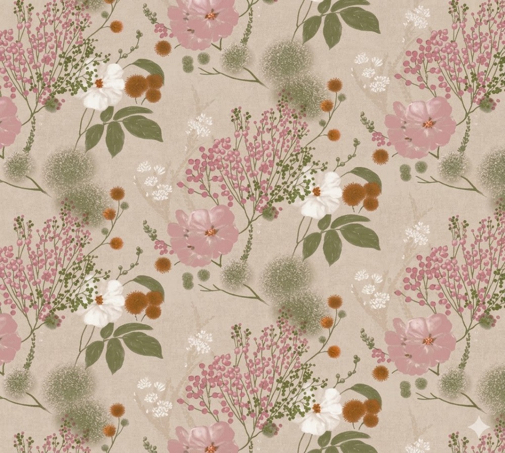 Toile cirée Déco imprimée avec un motif floral romantique mêlant fleurs roses, feuillages verts et petites baies délicates sur fond beige naturel, dans un esprit champêtre et raffiné, dimensions 140 cm x 20 m, parfaite pour une table élégante et un entretien sans contrainte.