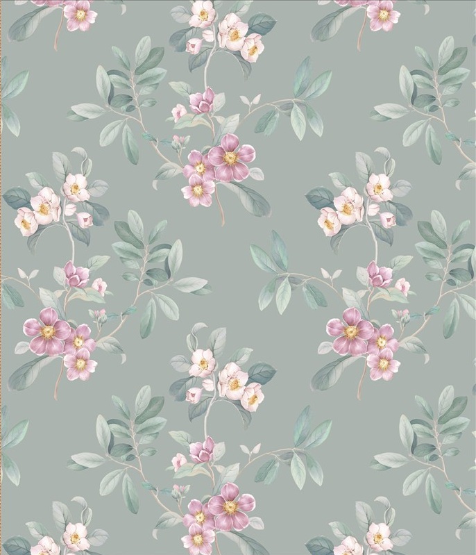 Protège table au motif floral délicat composé de fleurs roses et feuillages vert sauge sur fond gris doux, pour une ambiance romantique et apaisante, dimensions 140 cm x 20 m, pratique et facile d’entretien.