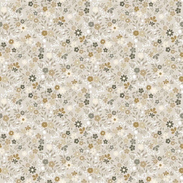 Protège table imprimé avec un motif liberty composé d’une multitude de petites fleurs et feuillages aux tons beige, écru, taupe et kaki sur fond clair, pour une ambiance douce et naturelle au charme intemporel, dimensions 140 cm x 20 m, conçu pour protéger efficacement la table et faciliter l’entretien au quotidien.