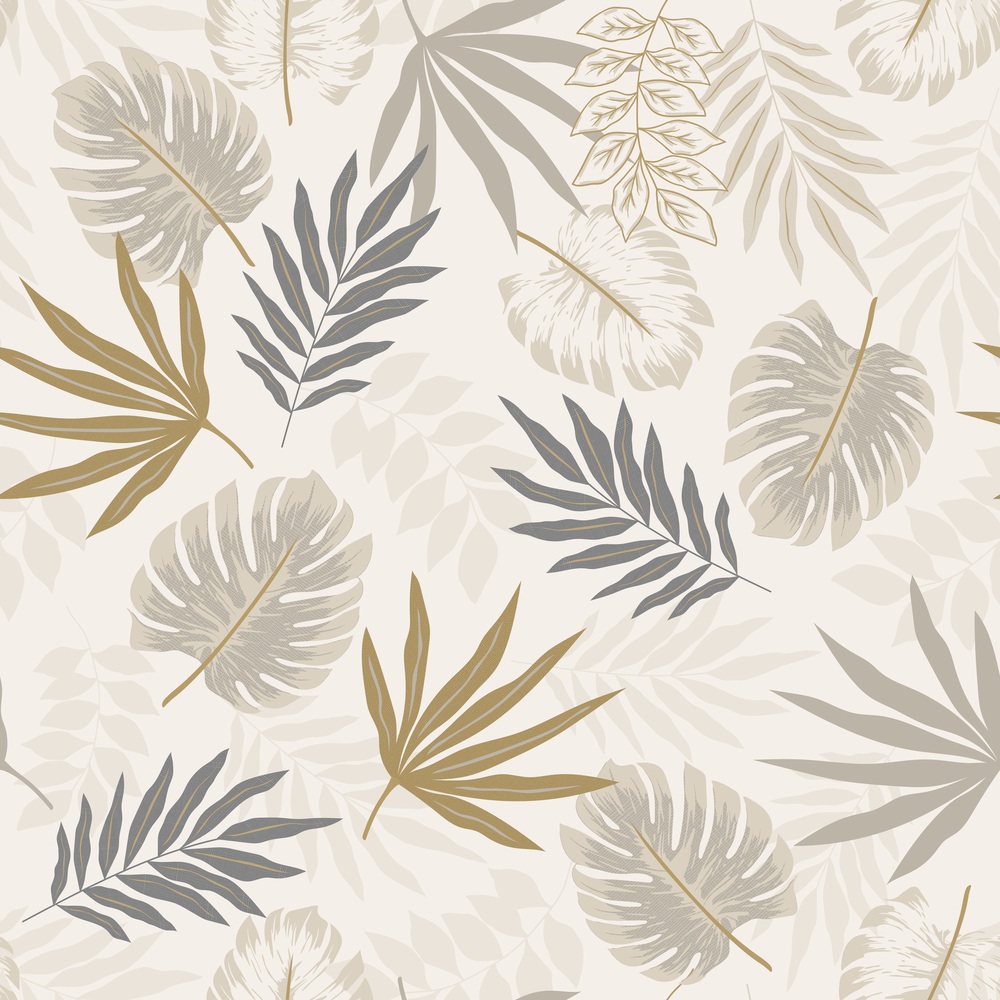 Protège table au motif de feuillages exotiques aux tons beige, sable et gris sur fond clair, pour une décoration naturelle et élégante, dimensions 140 cm x 20 m, pratique et facile à nettoyer.