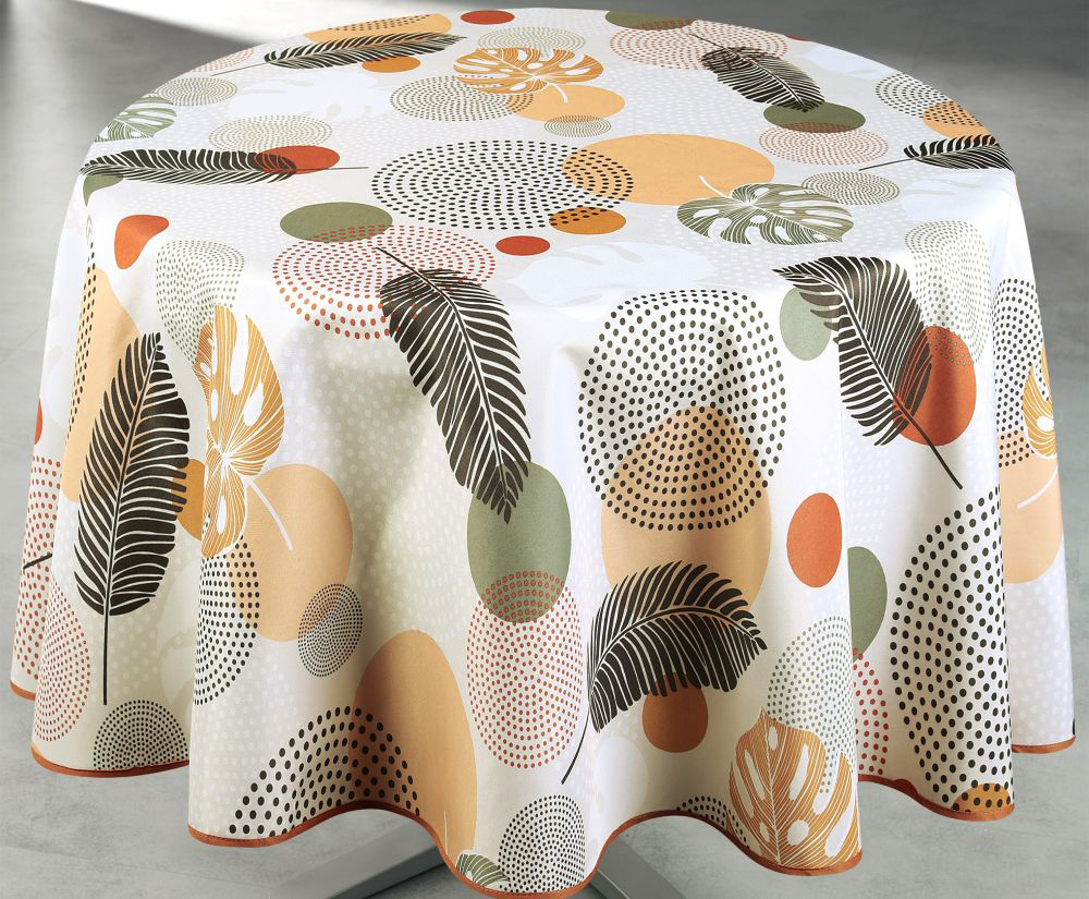 Nappe ronde 160 cm en polyester avec motif végétal graphique aux tons terracotta, beige et kaki, mêlant feuillages stylisés et formes abstraites pour une décoration contemporaine et chaleureuse.