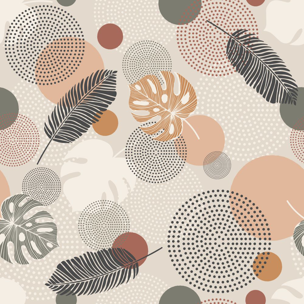 Nappe rectangulaire 140 cm x 240 cm en polyester avec motif végétal graphique aux tons terracotta, beige et kaki, mêlant feuillages stylisés et formes abstraites pour une décoration contemporaine et chaleureuse.
