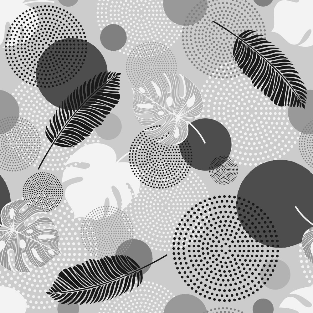 Nappe rectangulaire 140 cm x 240 cm en polyester avec motif végétal graphique noir, gris et blanc, associant feuillages stylisés et formes abstraites pour une décoration moderne et épurée.