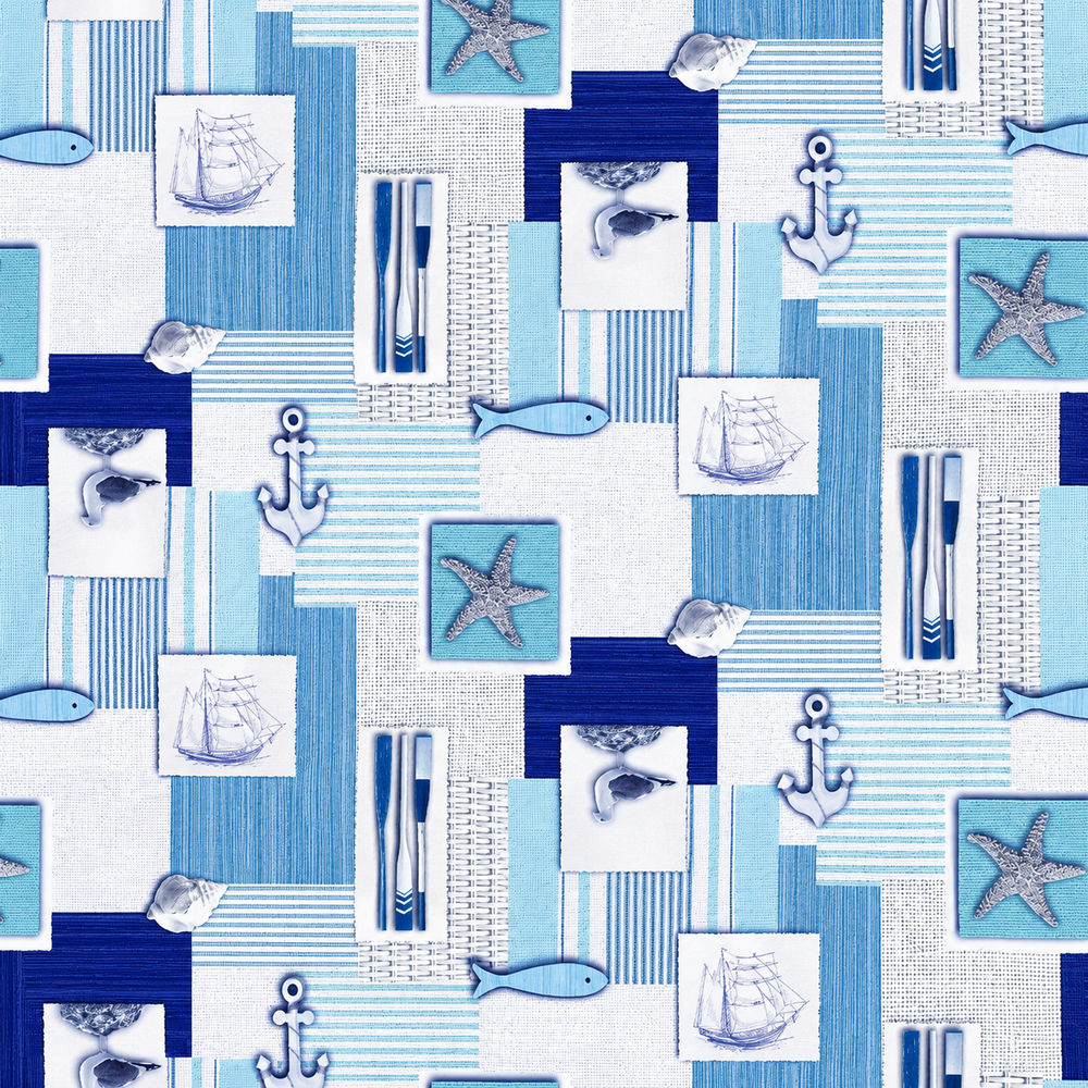 Nappe ronde 160 cm en polyester avec motif marin graphique aux nuances de bleu, décorée d’étoiles de mer, ancres et voiliers pour une ambiance bord de mer moderne.